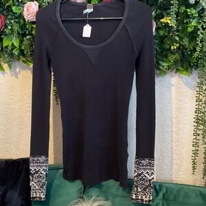 We The Free Black Long-Sleeve Thermal Top with Patterned Cuffs